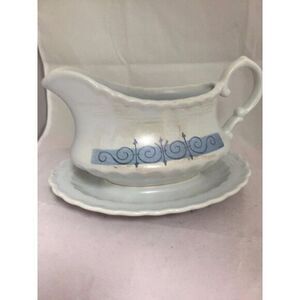 Metlox Poppytrail Vernonware Castile Gravy Boat‎ w/ attached Underplate USA Blue